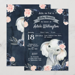 Invitación Elefante Gift acuarela Marina Floral Bebé Rosa