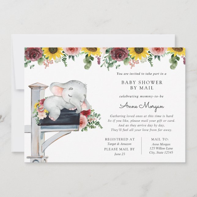 Invitación Elefante girasol y Rosas Baby Shower por correo (Anverso)