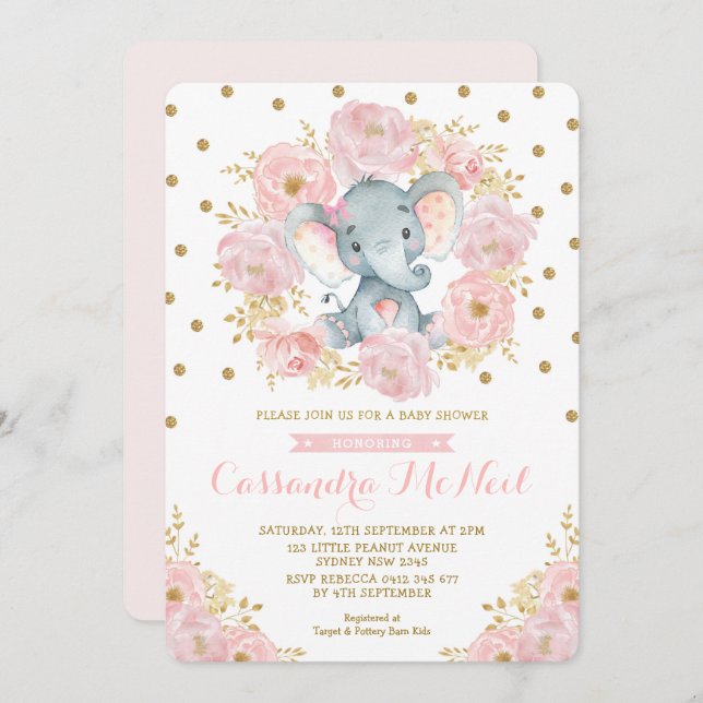 Invitación Elefante Girly Rubor Pink Floral Baby Shower (Anverso / Reverso)