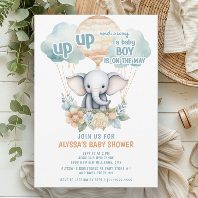 Invitación Elefante Globo Aerostático Azul Niño Sube Sube Fue (Up, up, and away. A baby boy is on his way. Elephant and hot air balloons baby shower invitation)
