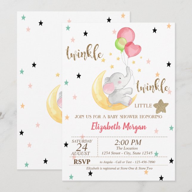 Invitación Elefante, globos, Baby Shower Twinkle Little Star (Anverso / Reverso)