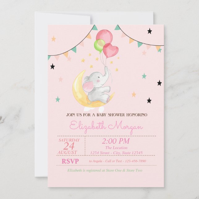 Invitación Elefante, globos, luna, Baby Shower de estrellas (Anverso)