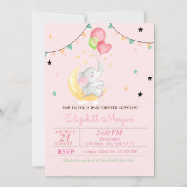 Invitación Elefante, globos, luna, Baby Shower de estrellas