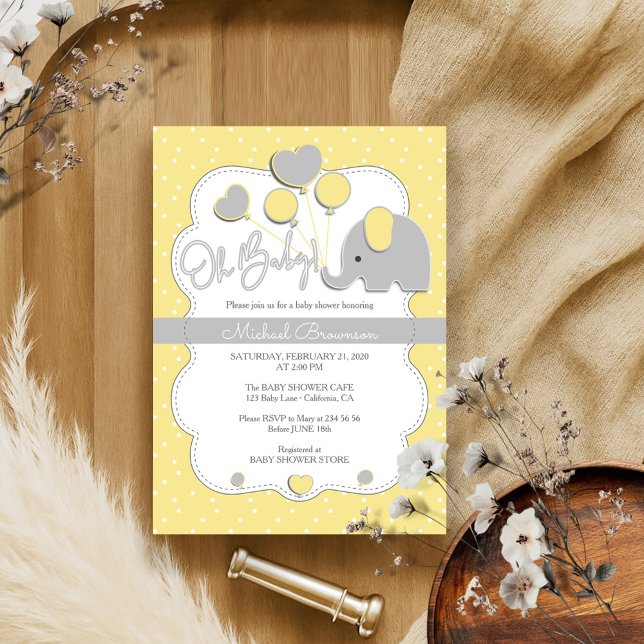 Invitación Elefante gris amarillo Oh Baby Shower (Subido por el creador)