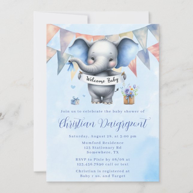 Invitación Elefante gris azul lindo Bienvenida Bebé Niño Duch (Anverso)