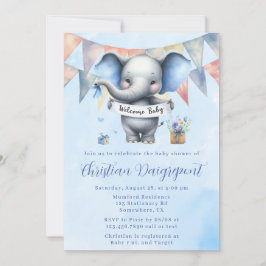 Invitación Elefante gris azul lindo Bienvenida Bebé Niño Duch