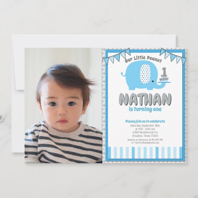 Invitación Elefante Gris Azul moderno foto de primer cumpleañ (Anverso)