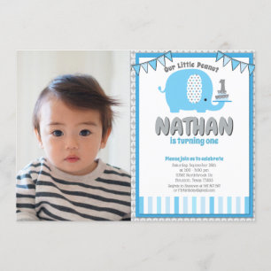 Invitación Elefante Gris Azul moderno foto de primer cumpleañ