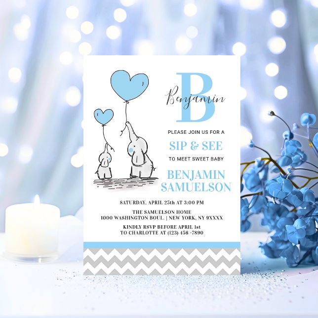 Invitación Elefante gris azul moderno SIP y vea bebé boy (Modern Blue Grey Elephant SIP & SEE Baby Boy Invitation)