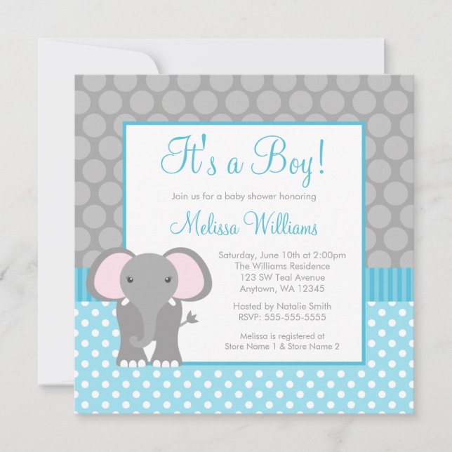 Invitación Elefante gris azul Verde azulado Polka Dot Boy Bab (Anverso)