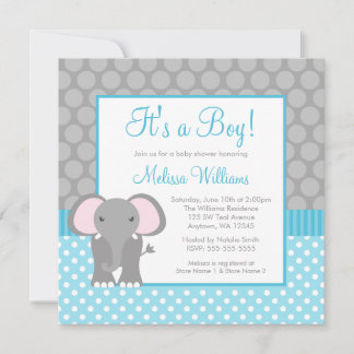 Invitación Elefante gris azul Verde azulado Polka Dot Boy Bab