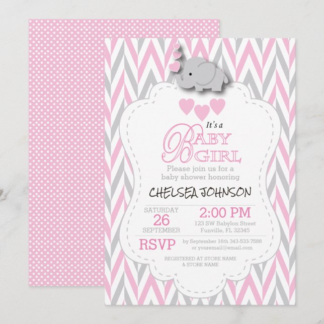 Invitación Elefante gris blanco y rosado bonito Baby Shower 2 (Anverso / Reverso)