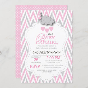 Invitación Elefante gris blanco y rosado bonito Baby Shower 2