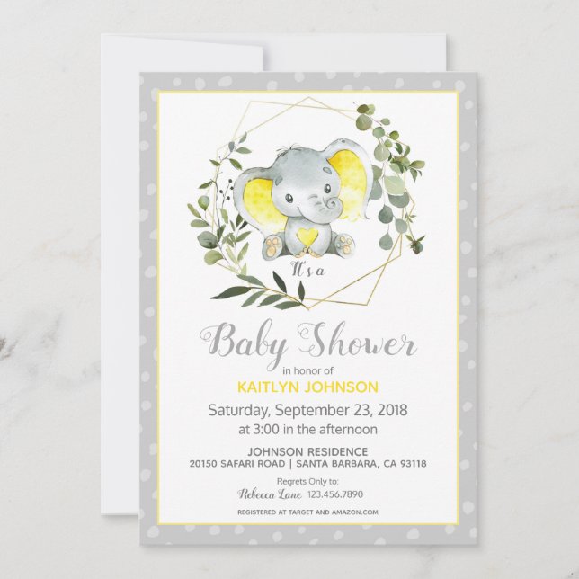 Invitación Elefante gris moderno Baby Shower (Anverso)