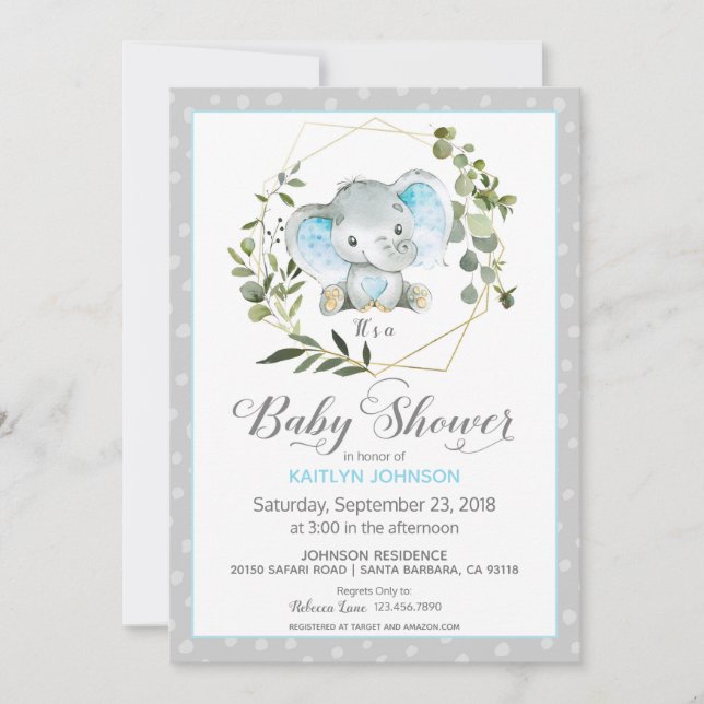 Invitación Elefante gris moderno Baby Shower (Anverso)