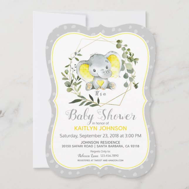 Invitación Elefante gris moderno Baby Shower (Anverso)