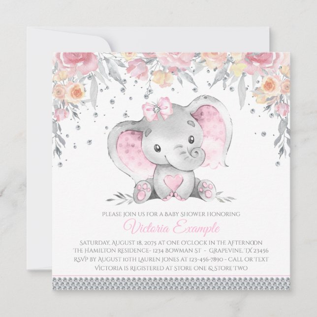 Invitación Elefante gris rosado Diamond Floral Baby Shower (Anverso)