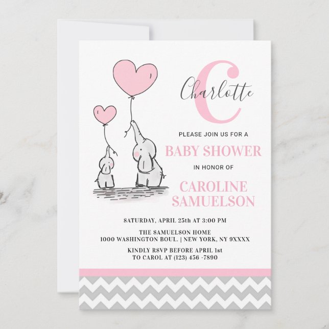 Invitación Elefante gris rosado moderno BABY SHOWER Baby Girl (Anverso)