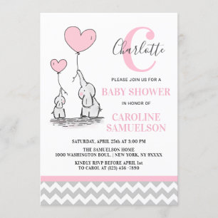 Invitación Elefante gris rosado moderno BABY SHOWER Baby Girl