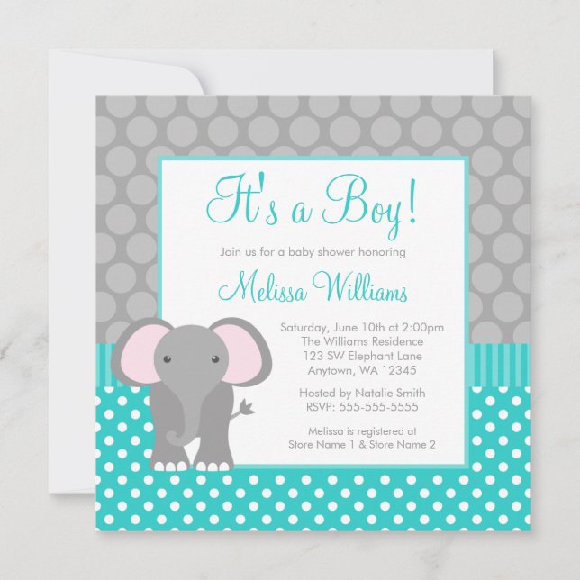 Invitación Elefante gris turquesa Polka Dot Boy Baby Shower (Anverso)