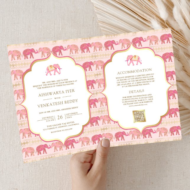 Invitación Elefante indio rosa y dorado todo en un solo Boda (Subido por el creador)