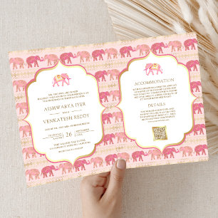 Invitación Elefante Indio Rosa y Dorado Todo en Uno Boda