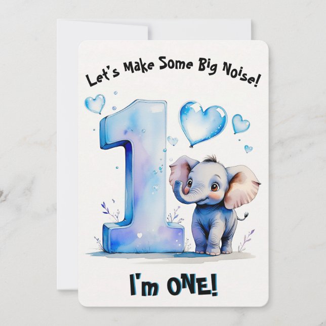 Invitación Elefante Infantil Cute Primer Cumpleaños - Niños C (Anverso)