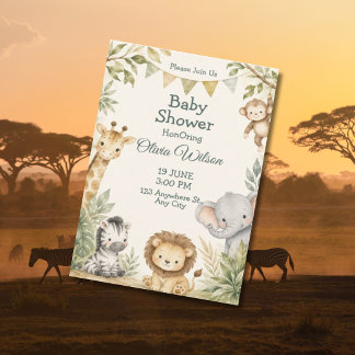 Invitación Elefante Jirafa León Cebra Fiesta de Bebé Neutral