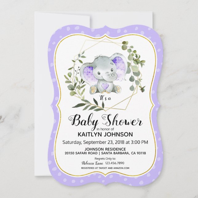 Invitación Elefante Lavender Baby Shower moderno (Anverso)