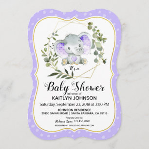 Invitación Elefante Lavender Baby Shower moderno