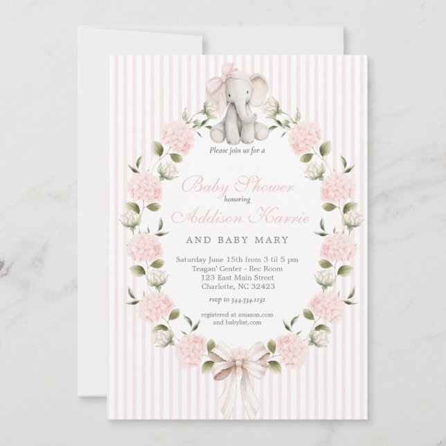 Invitación Elefante lazo rosa Chorro de bebé niña (Anverso)