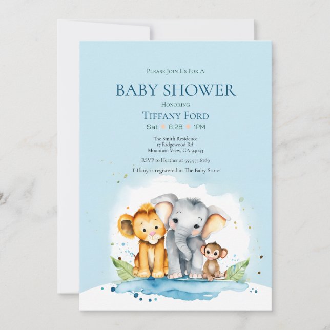 Invitación Elefante, león y Baby Shower de la jungla de monos (Anverso)