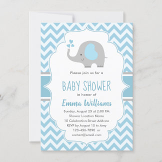 Invitación Elefante lindo Baby Shower Blue Gray Chevron