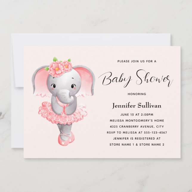 Invitación Elefante lindo Ballerina Baby Shower rosa y gris (Anverso)