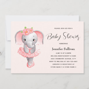 Invitación Elefante lindo Ballerina Baby Shower rosa y gris