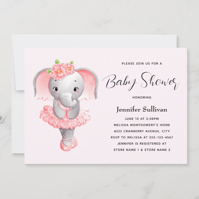 Invitación Elefante lindo Ballerina Baby Shower rosa y gris (Anverso)