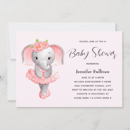 Invitación Elefante lindo Ballerina Baby Shower rosa y gris