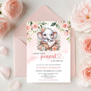 Invitación Elefante lindo boho rosas sonrosadas niña maní peq