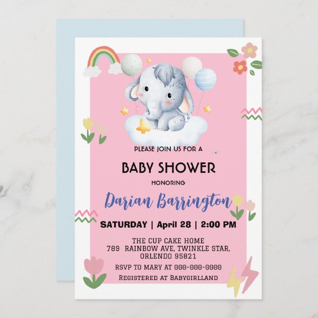 Invitación elefante lindo cachorro arco iris ducha bebé niños (Anverso / Reverso)