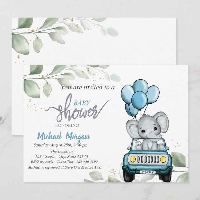 Invitación Elefante lindo, Coche, Globos, Hojas Fiesta de Bab (Anverso / Reverso)
