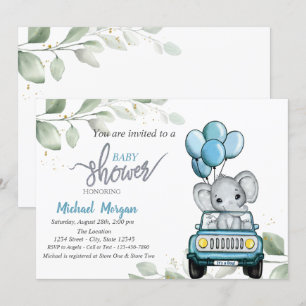 Invitación Elefante lindo, Coche, Globos, Hojas Fiesta de Bab