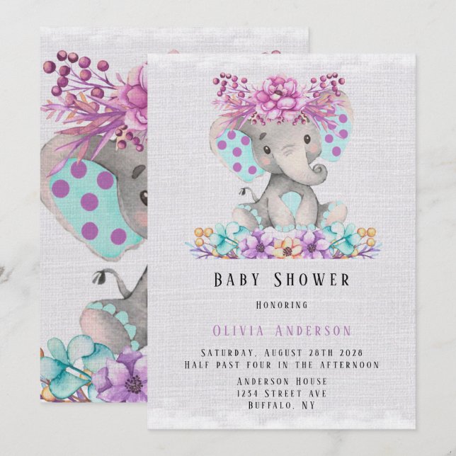 Invitación Elefante lindo con Baby Shower morado Verde azulad (Anverso / Reverso)