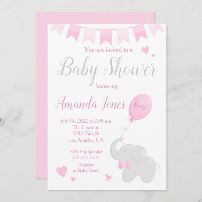 Invitación Elefante lindo con Chica de Baby Shower en globo (Anverso / Reverso)