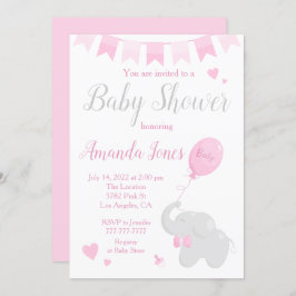 Invitación Elefante lindo con Chica de Baby Shower en globo