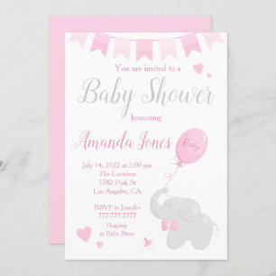 Invitación Elefante lindo con Chica de Baby Shower en globo