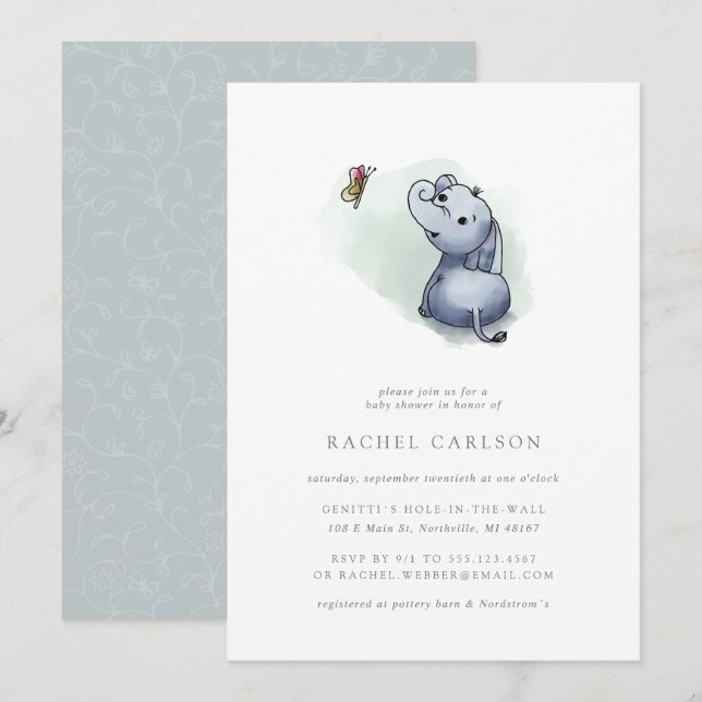 Invitación elefante lindo con ducha de bebé de mariposa (Anverso / Reverso)