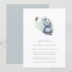 Invitación elefante lindo con ducha de bebé de mariposa