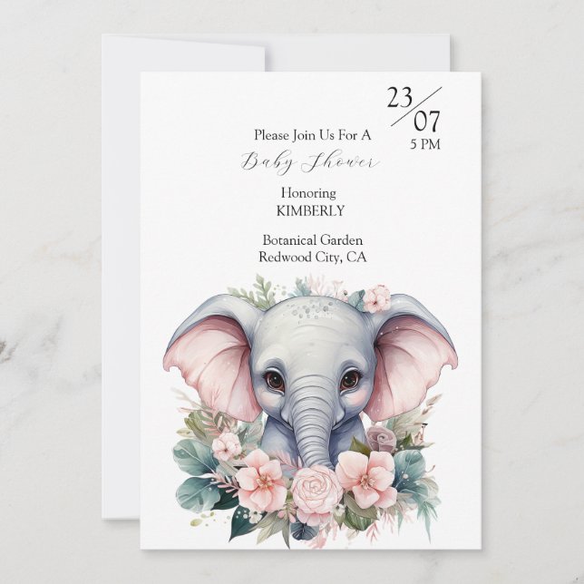 Invitación Elefante lindo con flores (Anverso)