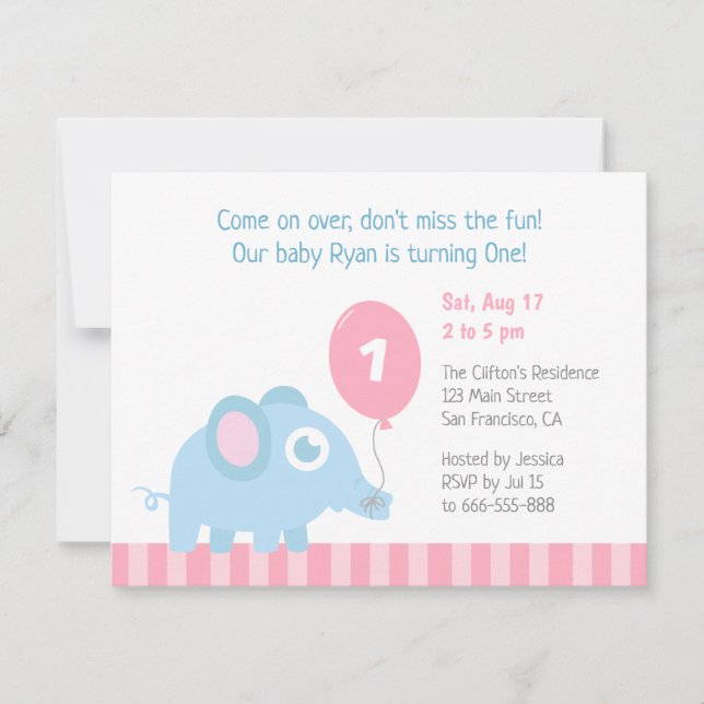 Invitación Elefante Lindo con Globo Cumpleaños Primero de Niñ (Anverso)