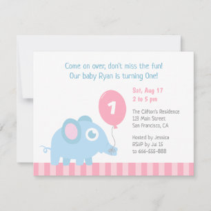 Invitación Elefante Lindo con Globo Cumpleaños Primero de Niñ
